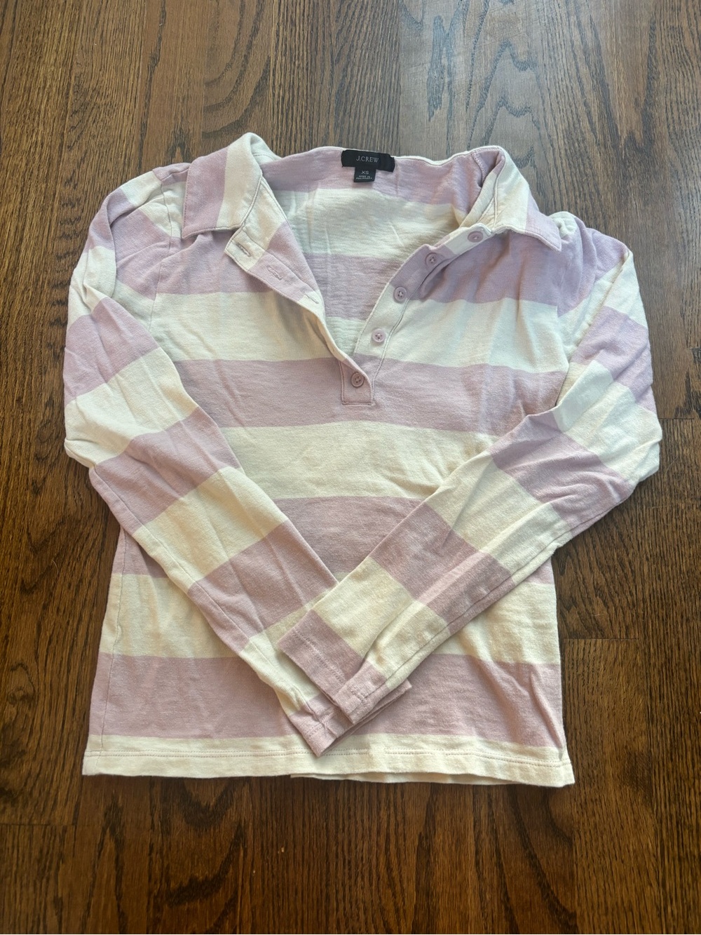 J. Crew Light Pink and Off White Striped Long-Sleeve Polo